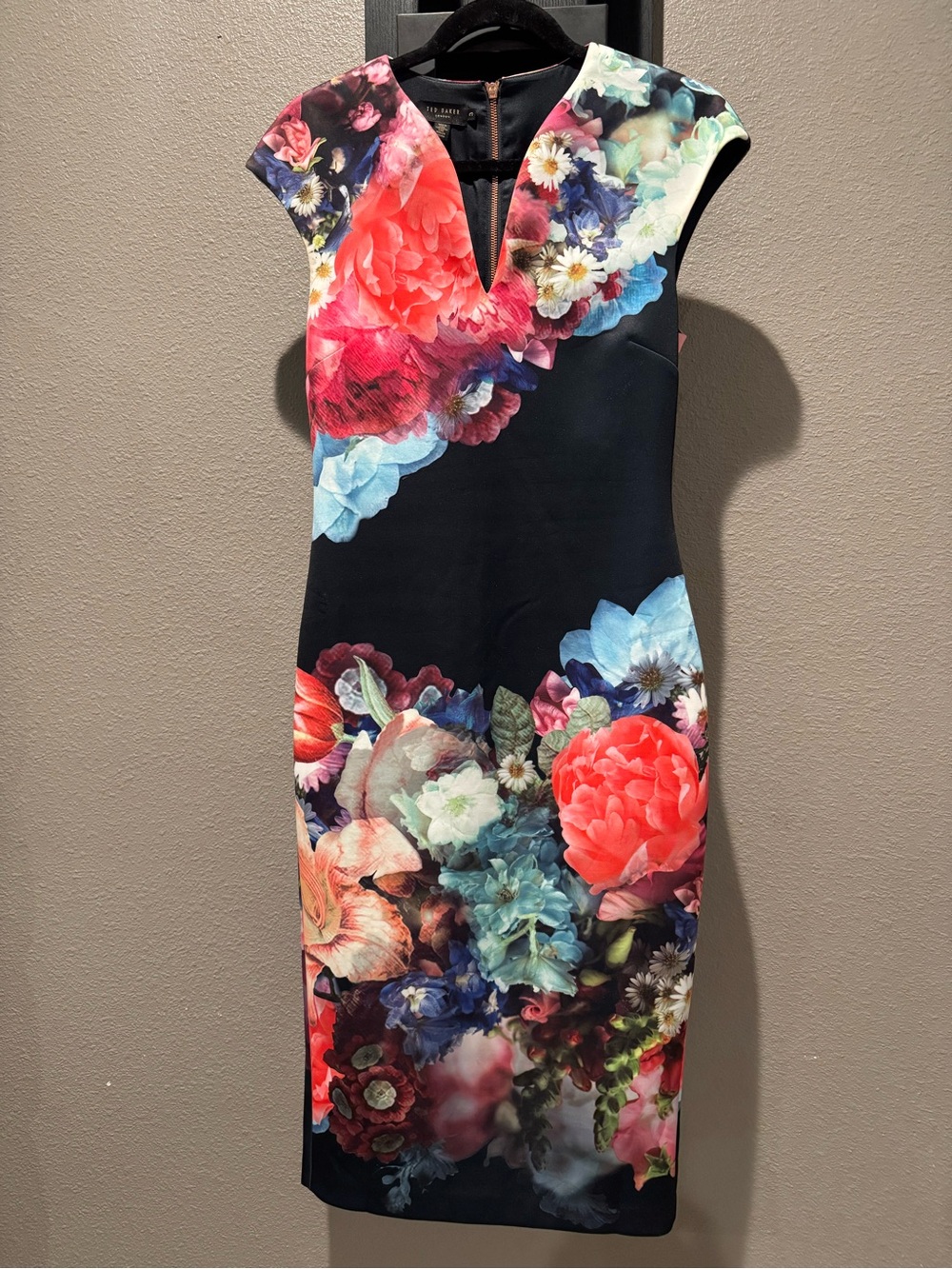 Ted Baker Black Midi Dress Pink Blue Green Floral Print Size 3 (US 8)